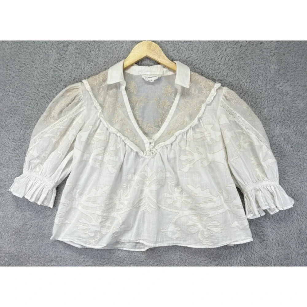 Anthropologie Womens M Heirloom Swing Blouse Ivory Embroidered Lace Boho Oversiz